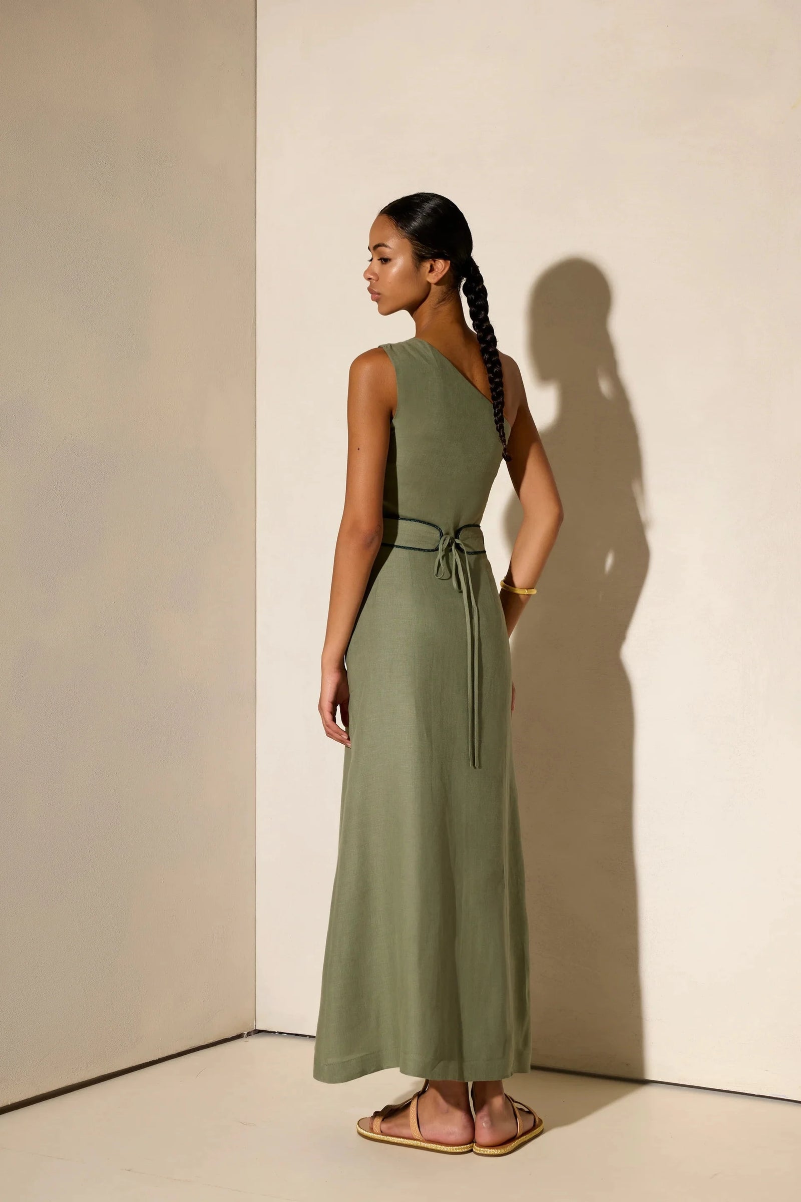 Ino One Shoulder Linen Midi Dress Gold Buckles Olive Green – APOELLA