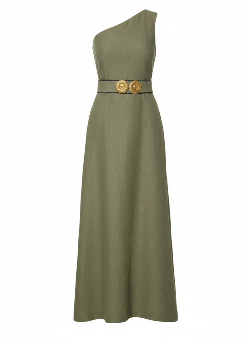 slim fit dress slacks Ino One Shoulder Linen Midi Dress Gold Buckles Olive Green – APOELLA