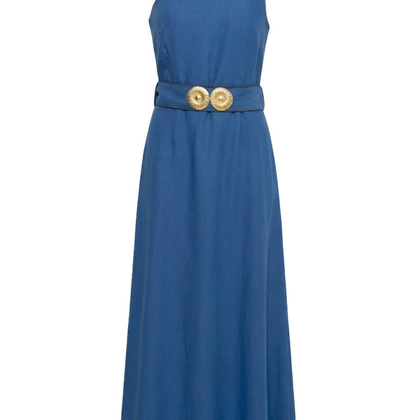 Ino One Shoulder Linen Midi Dress W. Gold Buckles Greek Blue – APOELLA