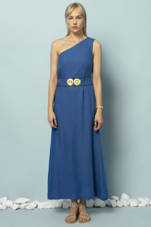 Dresses Ancient Kallos Ino One Shoulder Linen Midi Dress W. Gold Buckles Greek Blue S / Blue Apoella