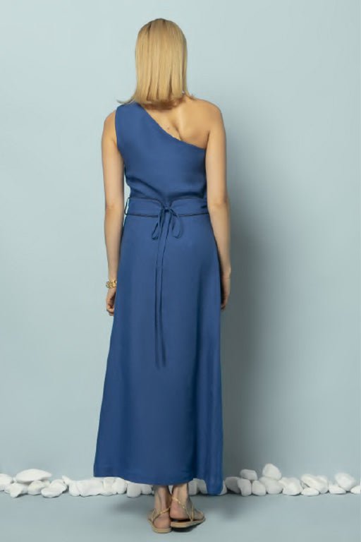 Ino One Shoulder Linen Midi Dress W. Gold Buckles Greek Blue APOELLA Ino One Shoulder Linen Midi Dress W. Gold Buckles Greek Blue APOELLA