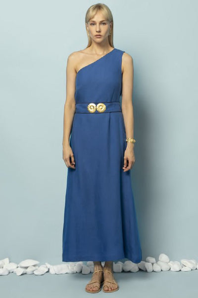 Ino One Shoulder Linen Midi Dress W. Gold Buckles Greek Blue  APOELLA