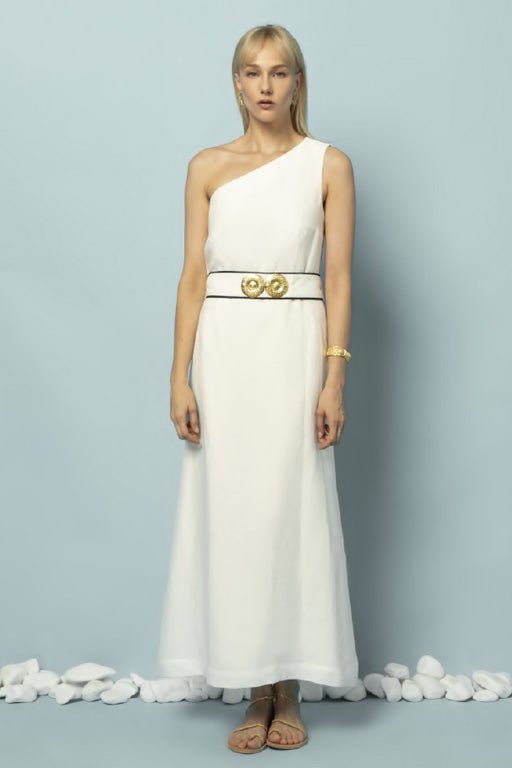 Dresses Ancient Kallos Ino One Shoulder Linen Midi Dress W. Gold Buckles Off White/Black S / Off White Apoella