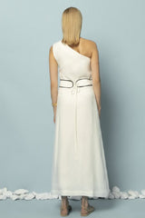 Dresses Ancient Kallos Ino One Shoulder Linen Midi Dress W. Gold Buckles Off White/Black S / Off White Apoella