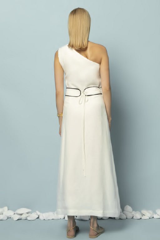 Dresses Ancient Kallos Ino One Shoulder Linen Midi Dress W. Gold Buckles Off White/Black S / Off White Apoella