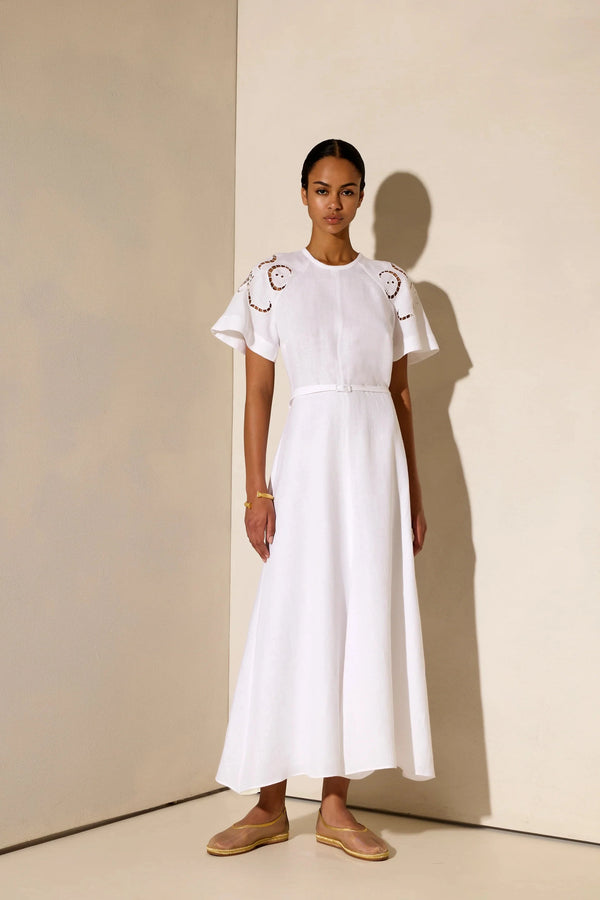 Dresses Ancient Kallos Iphigenia Cut Embroidered Midi Dress White S / White Apoella