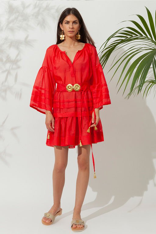 Dresses Ancient Kallos Mykonos Mini Dress With Golden Buckles And Tassels Red O/S / Red Apoella