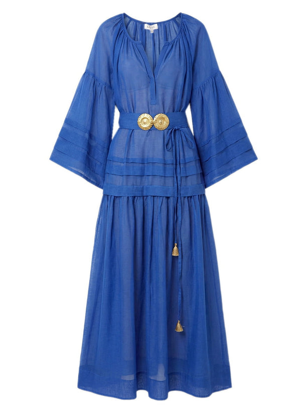 Mykonos Silk Cotton Long Dress W. Golden Buckles & Tassels Greek Blue –  APOELLA