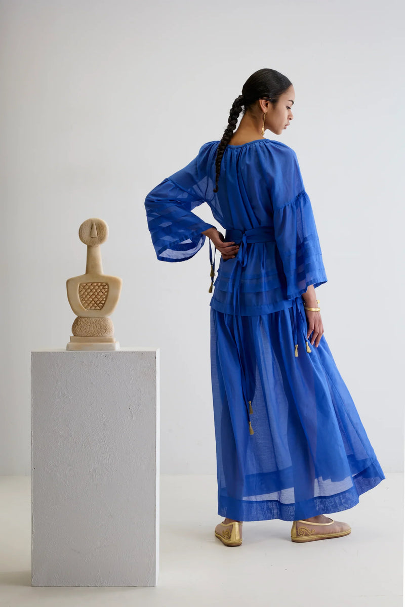 Mykonos Silk Cotton Long Dress W. Golden Buckles & Tassels Greek Blue –  APOELLA