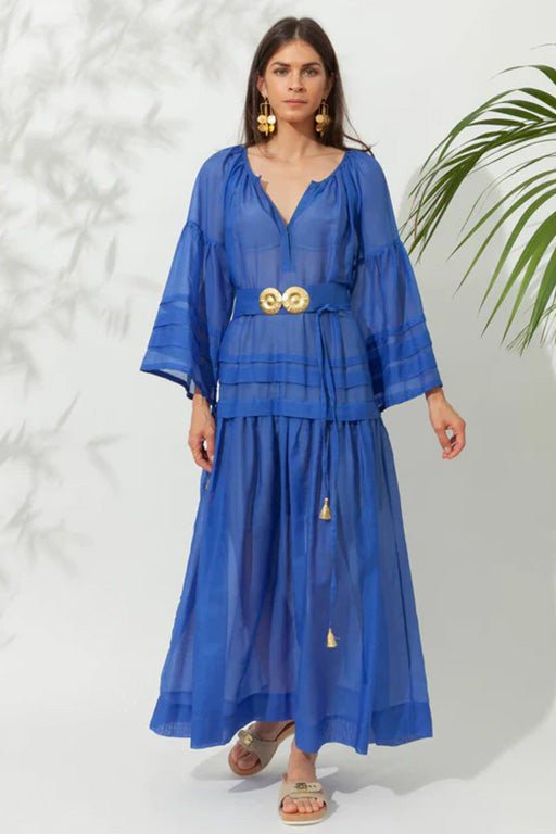 Dresses Ancient Kallos Mykonos Silk Cotton Long Dress W. Golden Buckles & Tassels Greek Blue O/S / Blue Apoella