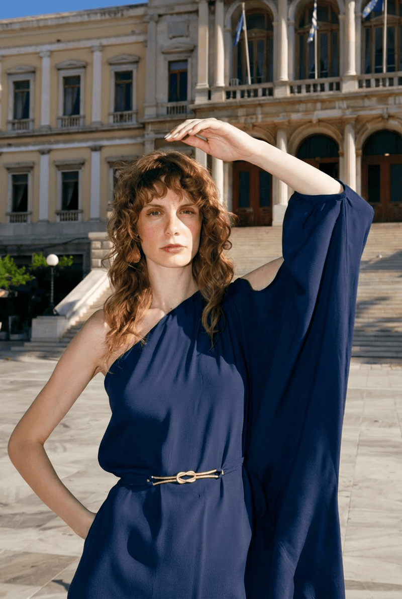 open lace back dress Niriis One Shoulder Maxi Dress Jewelry Belt Navy Blue – APOELLA