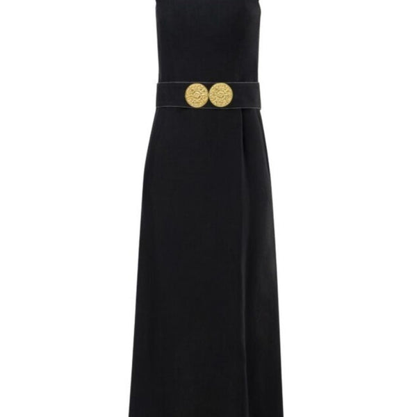 green emerald velvet dress Nonika Long Dress With Golden Buckles Black – APOELLA