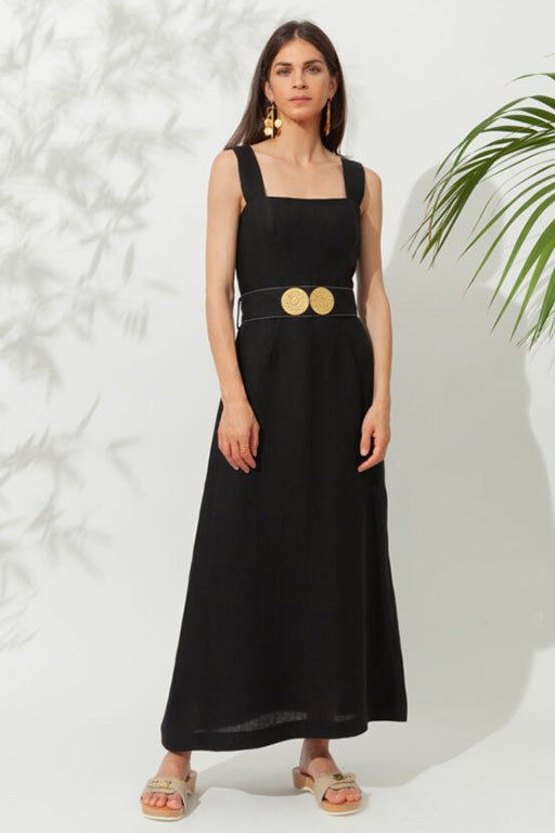 Nonika Long Dress With Golden Buckles Black Nonika Long Dress With Golden Buckles Black