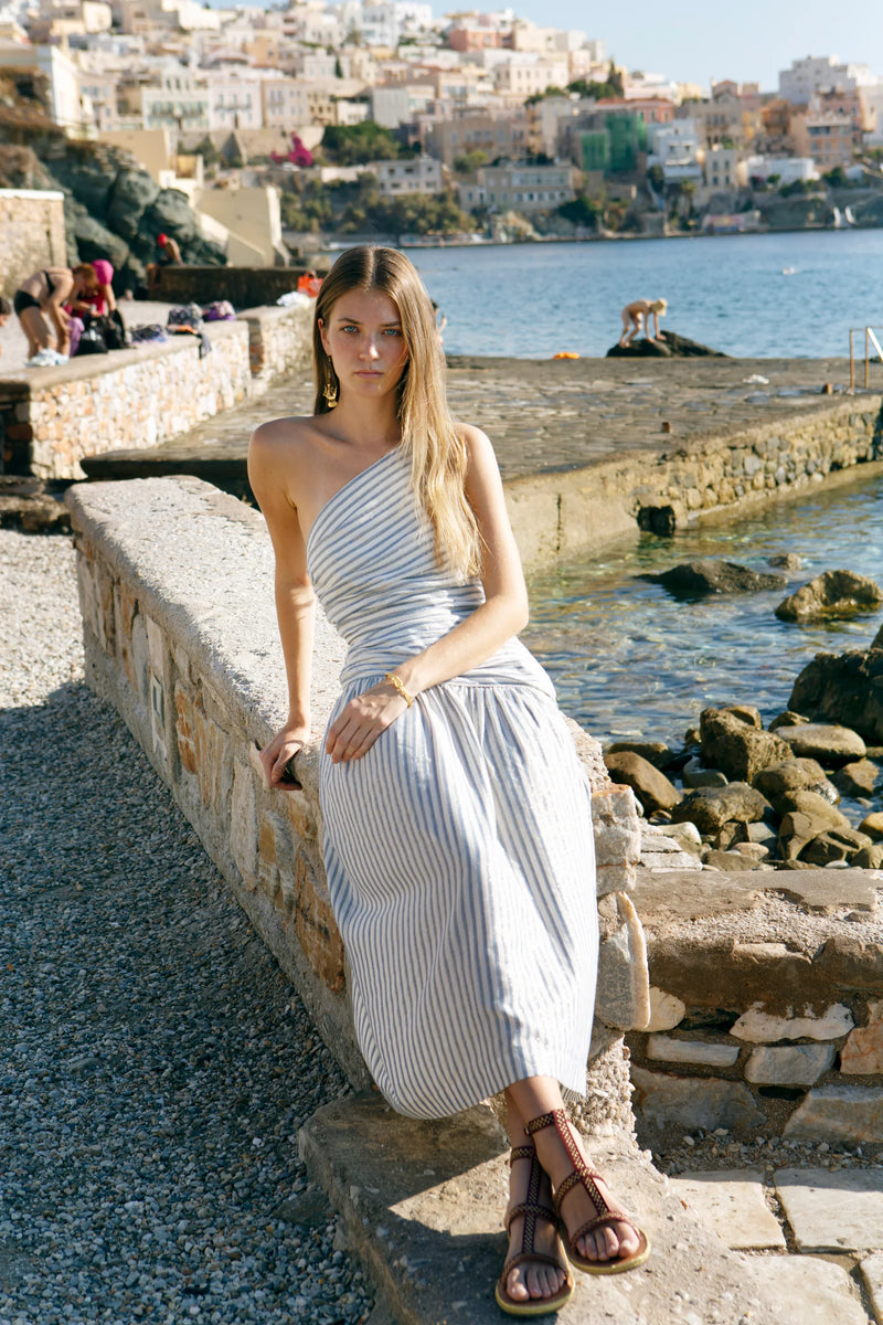 Riviera One Shoulder Midi Ruched Dress Greek Blue/Gold