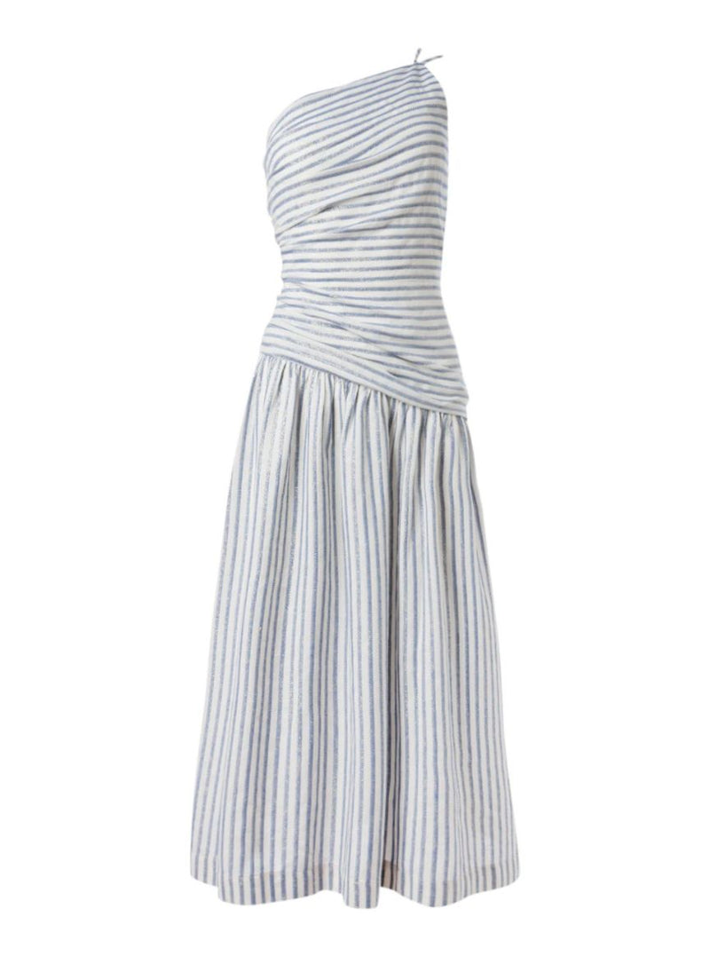 Riviera One Shoulder Midi Ruched Dress Greek Blue/Gold APOELLA Riviera One Shoulder Midi Ruched Dress Greek Blue/Gold APOELLA