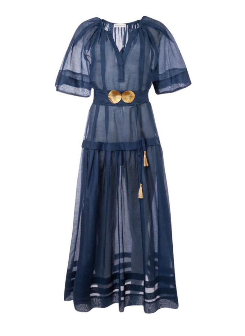 Syros Long Dress Golden Shell Buckles Aegean Blue – APOELLA