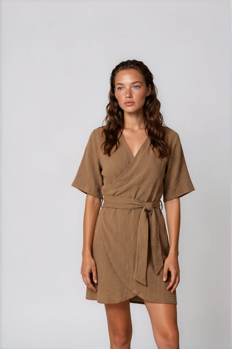 Psi Crinkled Mini Wrap Dress Taupe – APOELLA