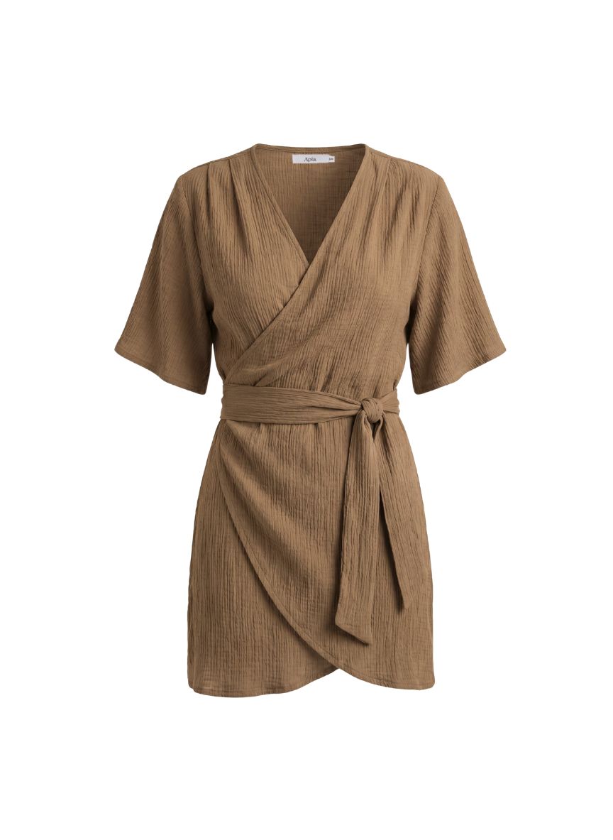 Psi Crinkled Mini Wrap Dress Taupe – APOELLA