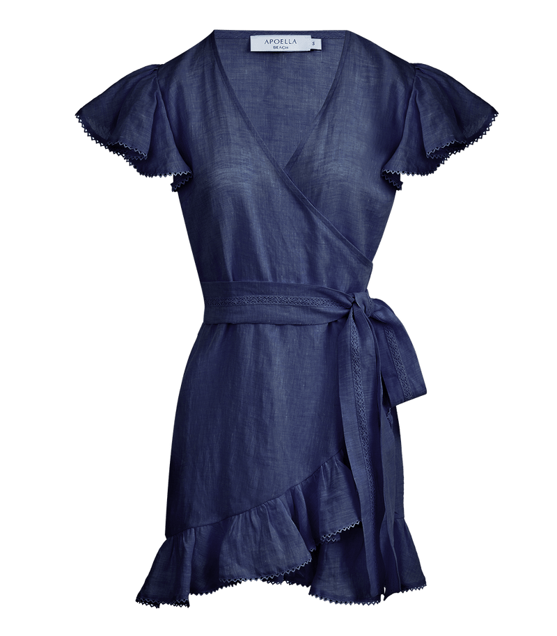 Dresses Apoella Amalia Lace Linen Mini Wrap Dress Denim S / Denim Apoella