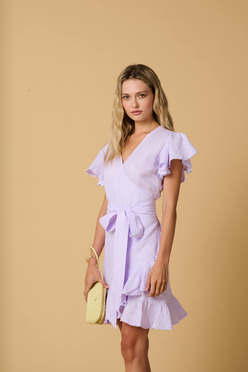 Amalia Lace Linen Mini Wrap Dress Lilac - Apoella APOELLA Amalia Lace Linen Mini Wrap Dress Lilac - Apoella APOELLA