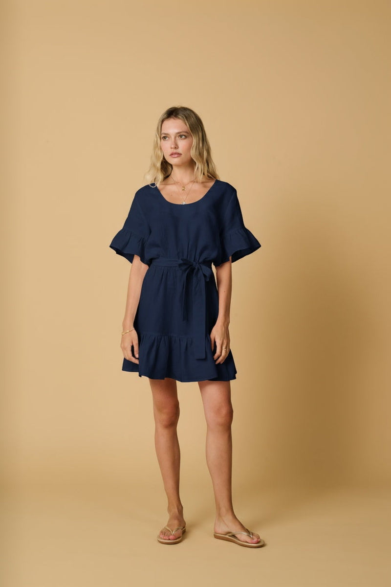 Amaryllis Linen Ruffle Mini Dress Denim APOELLA Amaryllis Linen Ruffle Mini Dress Denim APOELLA