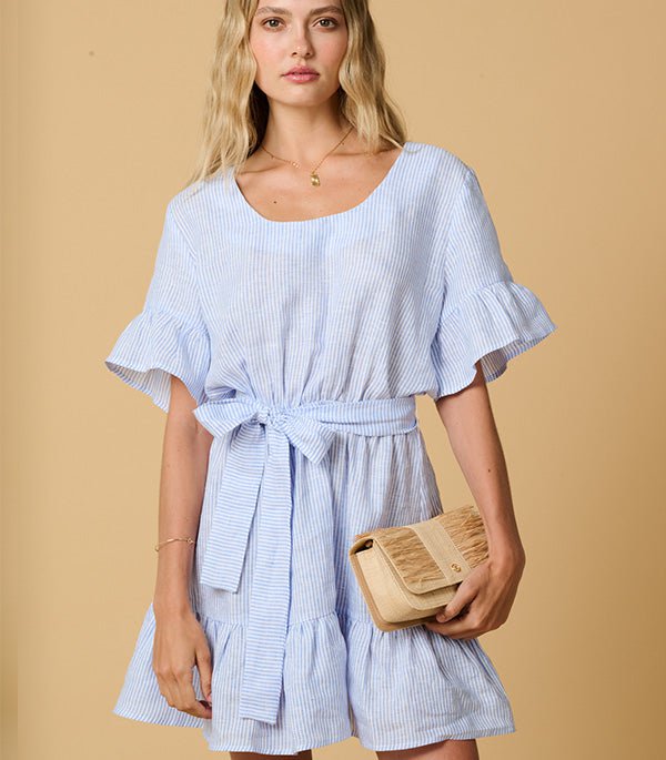 Dresses Apoella Amaryllis Linen Ruffle Mini Dress Striped Sky Apoella