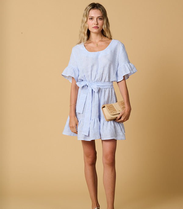 Dresses Apoella Amaryllis Linen Ruffle Mini Dress Striped Sky Apoella