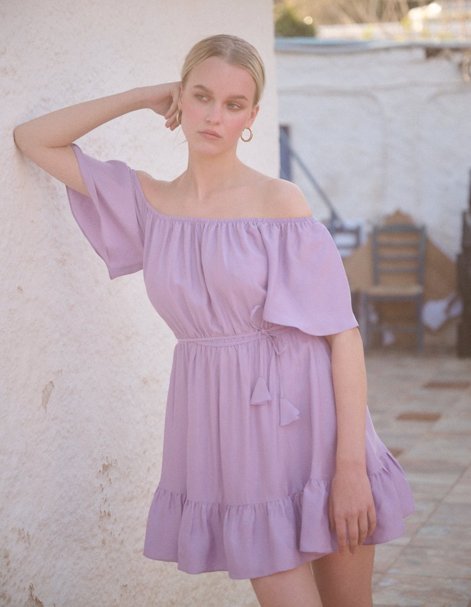 Aphrodite Off Shoulder Puff Sleeve Short Dress Lavender | Apoella