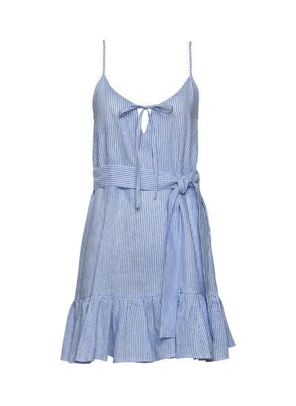 Ariadne Linen Strap Mini Frill Dress Striped Sky – APOELLA
