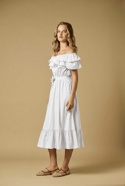 off the shoulder poplin midi dress Chryssiana Poplin Off Shoulder Long Dress White – APOELLA