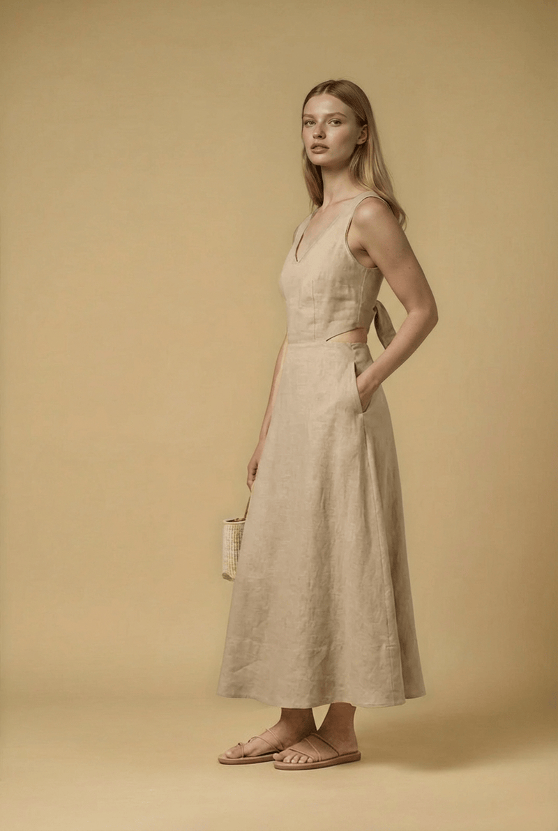 Evy Cut Out Linen Long Dress Beige – APOELLA