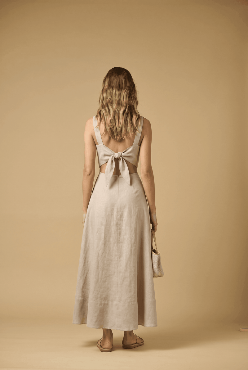 Evy Cut Out Linen Long Dress Beige