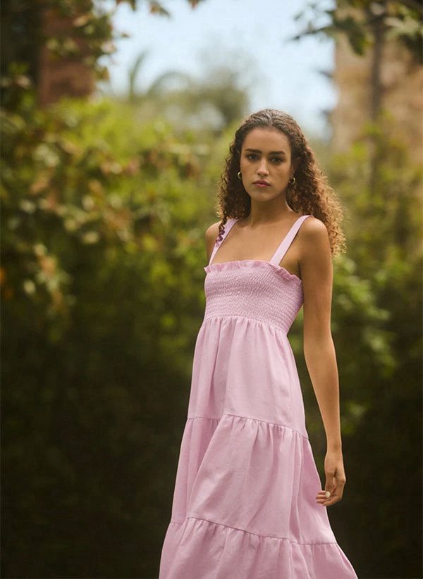 Helen Smocked Midi Dress Pink- Apoella – APOELLA