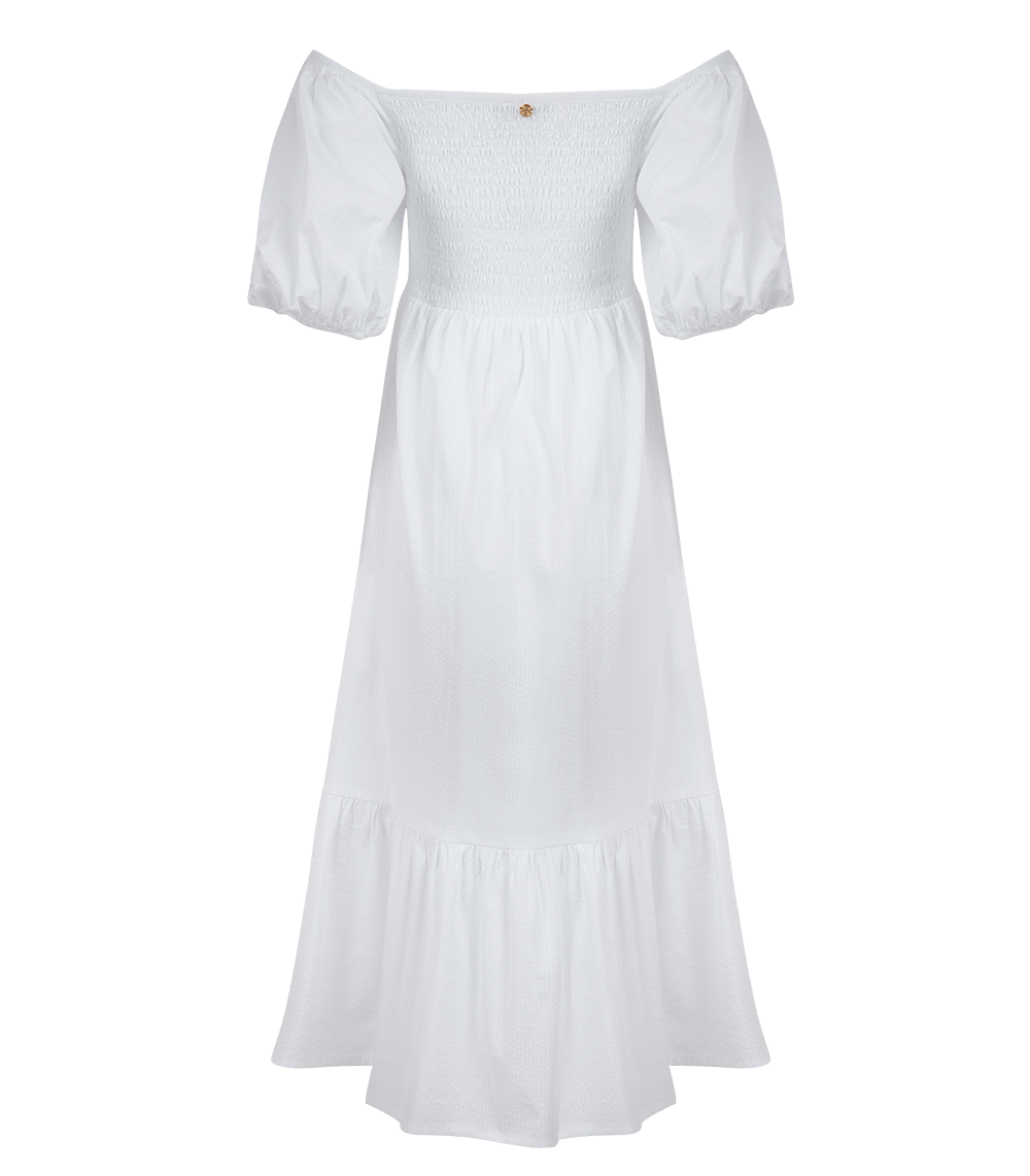 Ophelia Smocked Maxi Puff Sleeve Dress White