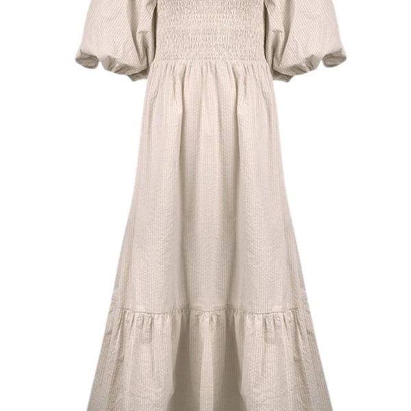 Ophelia Smocked Maxi Puff Sleeve Dress Beige - Apoella  APOELLA