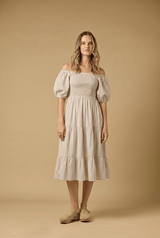 Dresses Apoella Ophelia Smocked Maxi Puff Sleeve Dress Beige Apoella