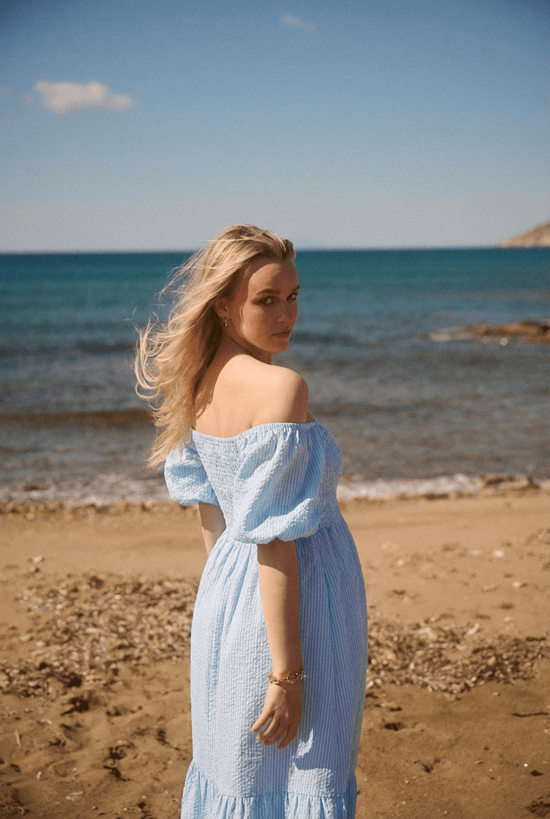 Ophelia Smocked Maxi Puff Sleeve Dress Sky - Apoella