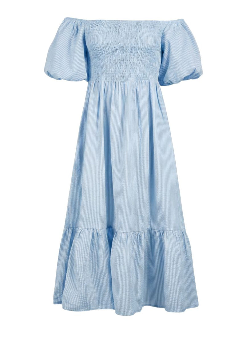 Ophelia Smocked Maxi Puff Sleeve Dress Sky