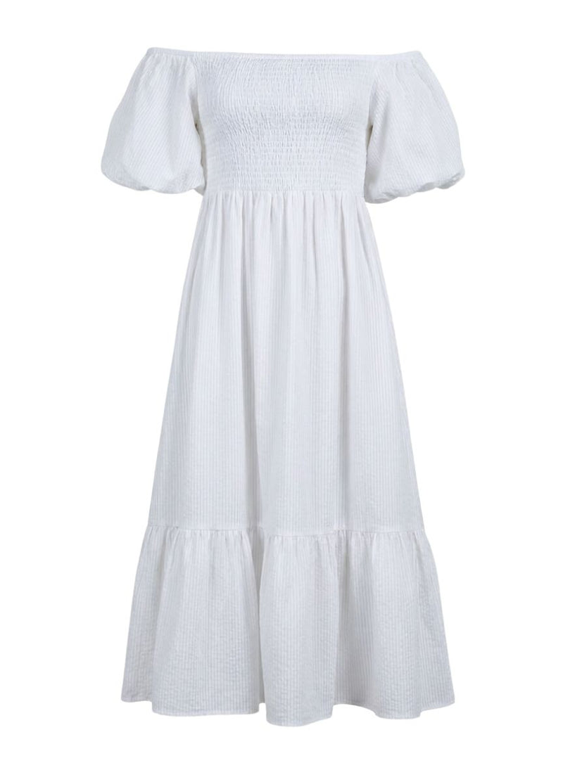 fitted lace wedding dress Puff Sleeve Embroidered Tiered Dress in White – Reistor main image 0