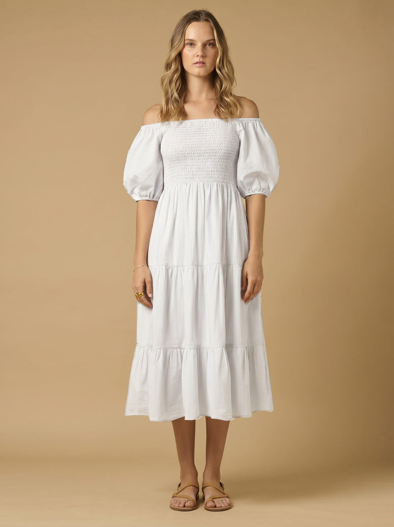 Ophelia Smocked Maxi Puff Sleeve Dress White