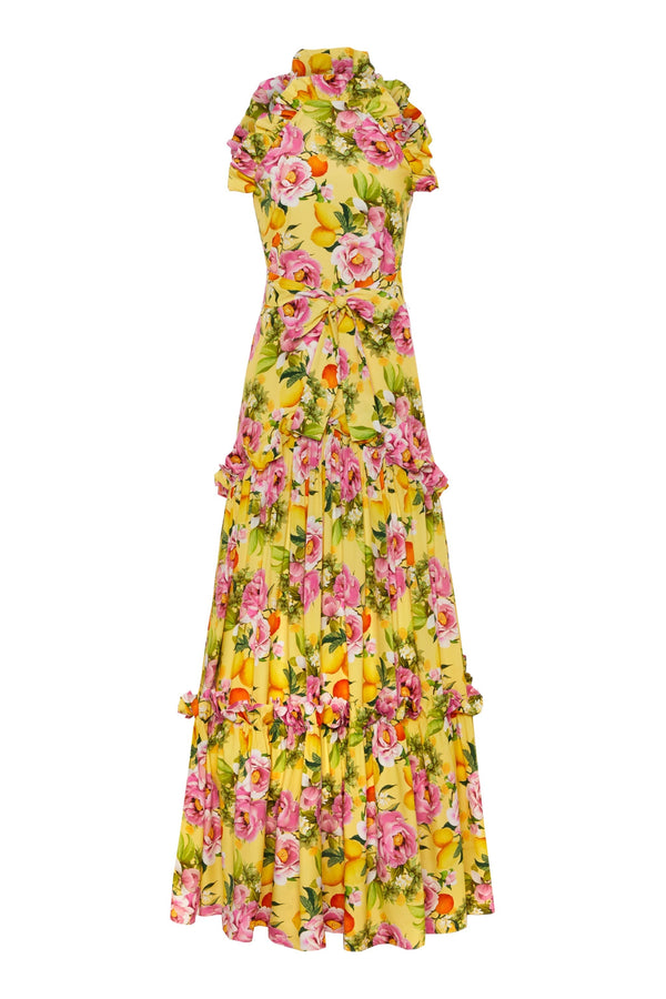 Dresses Borgo De Nor Tatiana Crepe Maxi Frill Halter Neck Dress Peonia Yellow 10UK / Peonia Yellow Apoella
