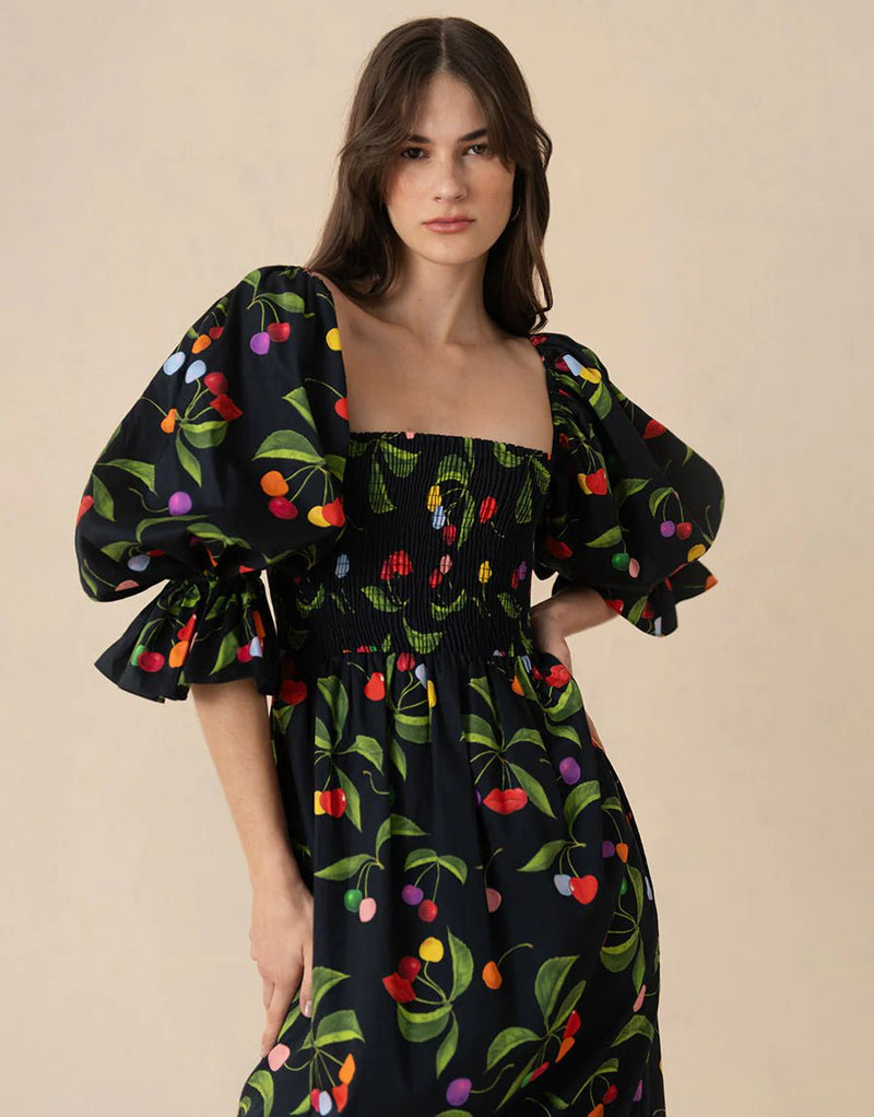 Viona Off-shoulder Cotton Long Dress Cherry Black APOELLA Viona Off-shoulder Cotton Long Dress Cherry Black APOELLA