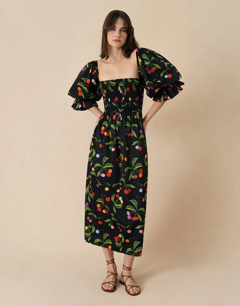 Viona Off-shoulder Cotton Long Dress Cherry Black APOELLA Viona Off-shoulder Cotton Long Dress Cherry Black APOELLA