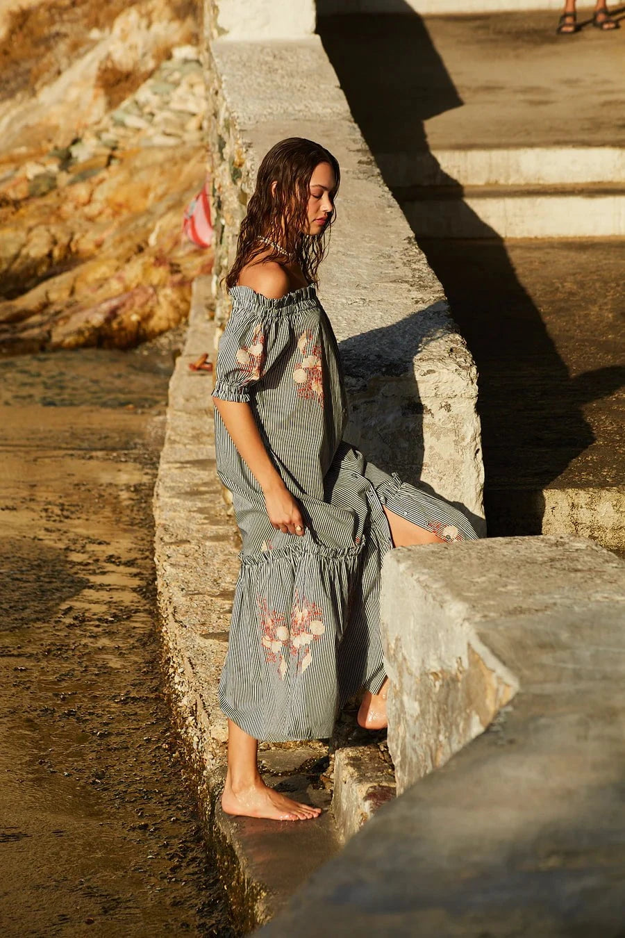 Ira Off Shoulder Maxi Dress Blue/Red/White Stripes  APOELLA