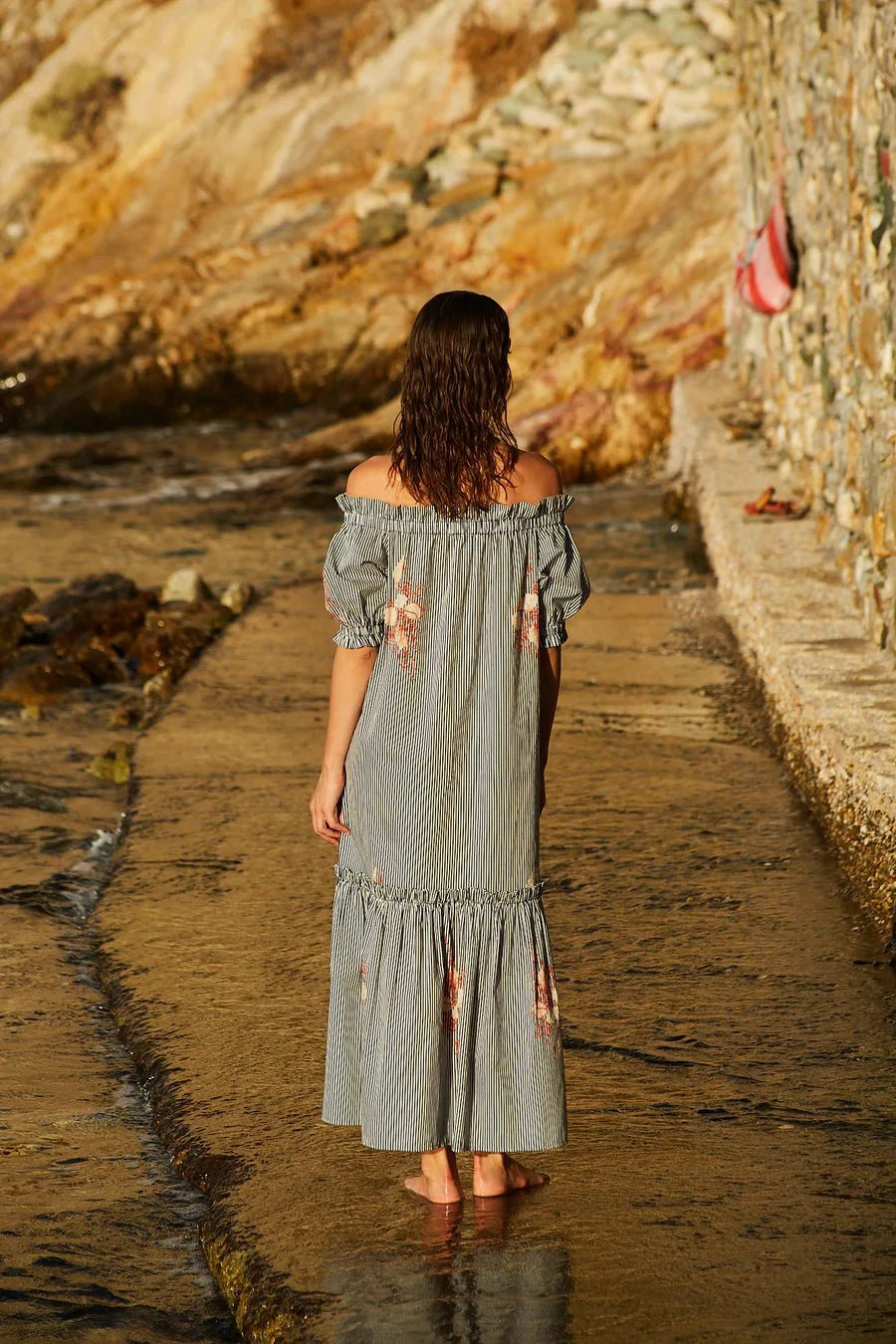 Ira Off Shoulder Maxi Dress Blue/Red/White Stripes  APOELLA