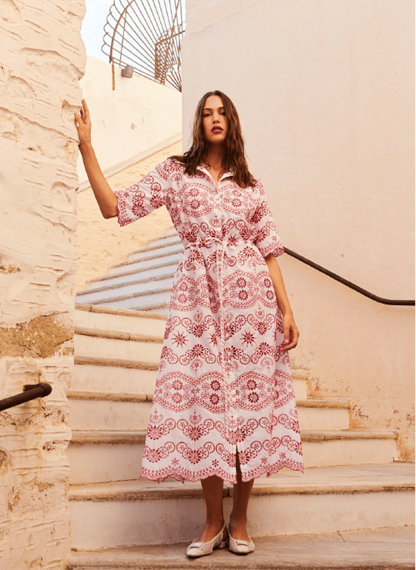 Valerie Lace Midi Shirtdress Red/White Valerie Lace Midi Shirtdress Red/White