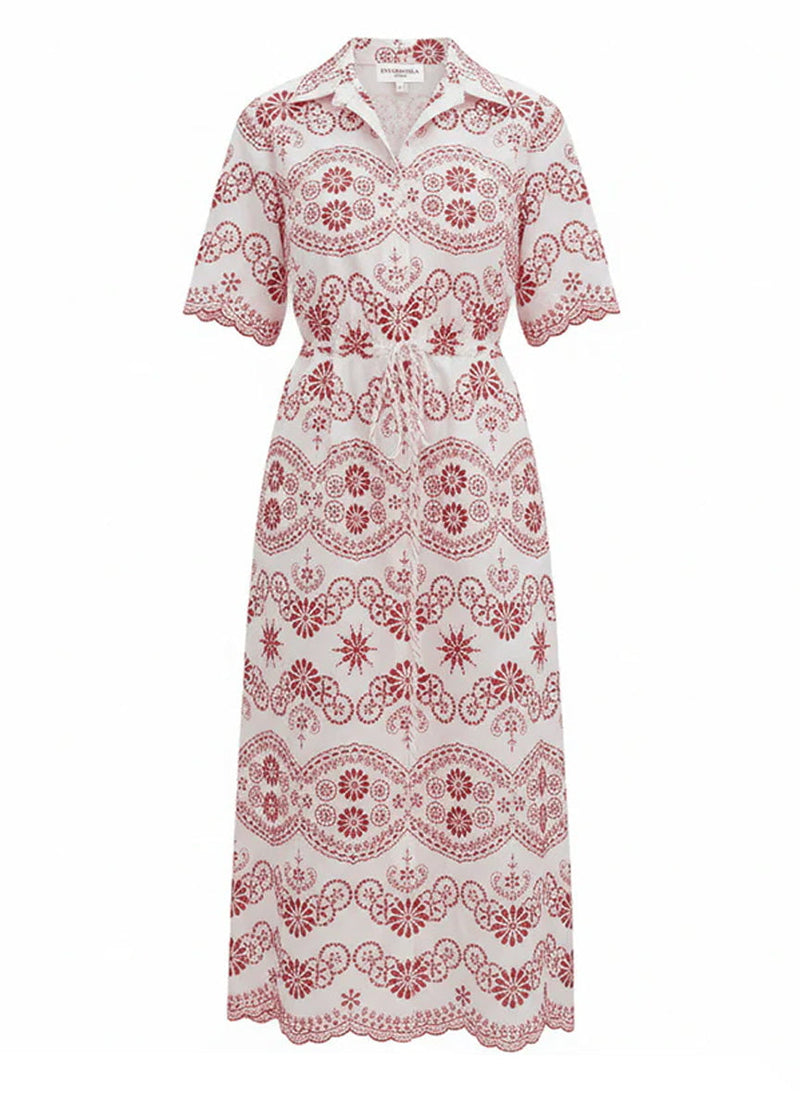 Valerie Lace Midi Shirtdress Red/White APOELLA Valerie Lace Midi Shirtdress Red/White APOELLA