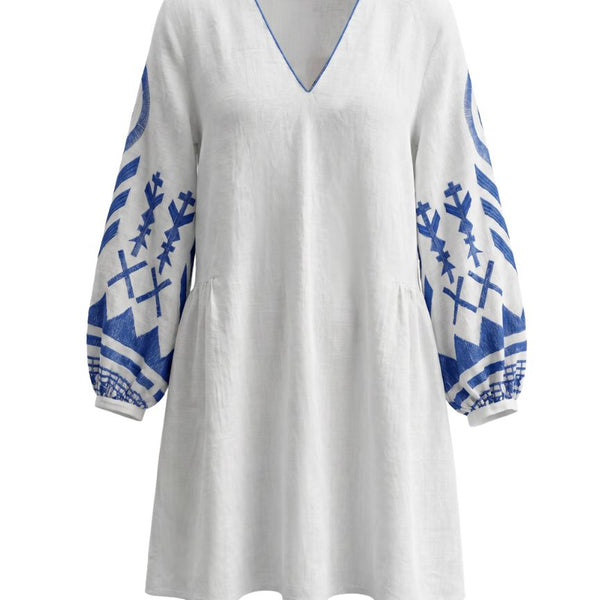 Feather Long Sleeve Mini Dress White/Blue
