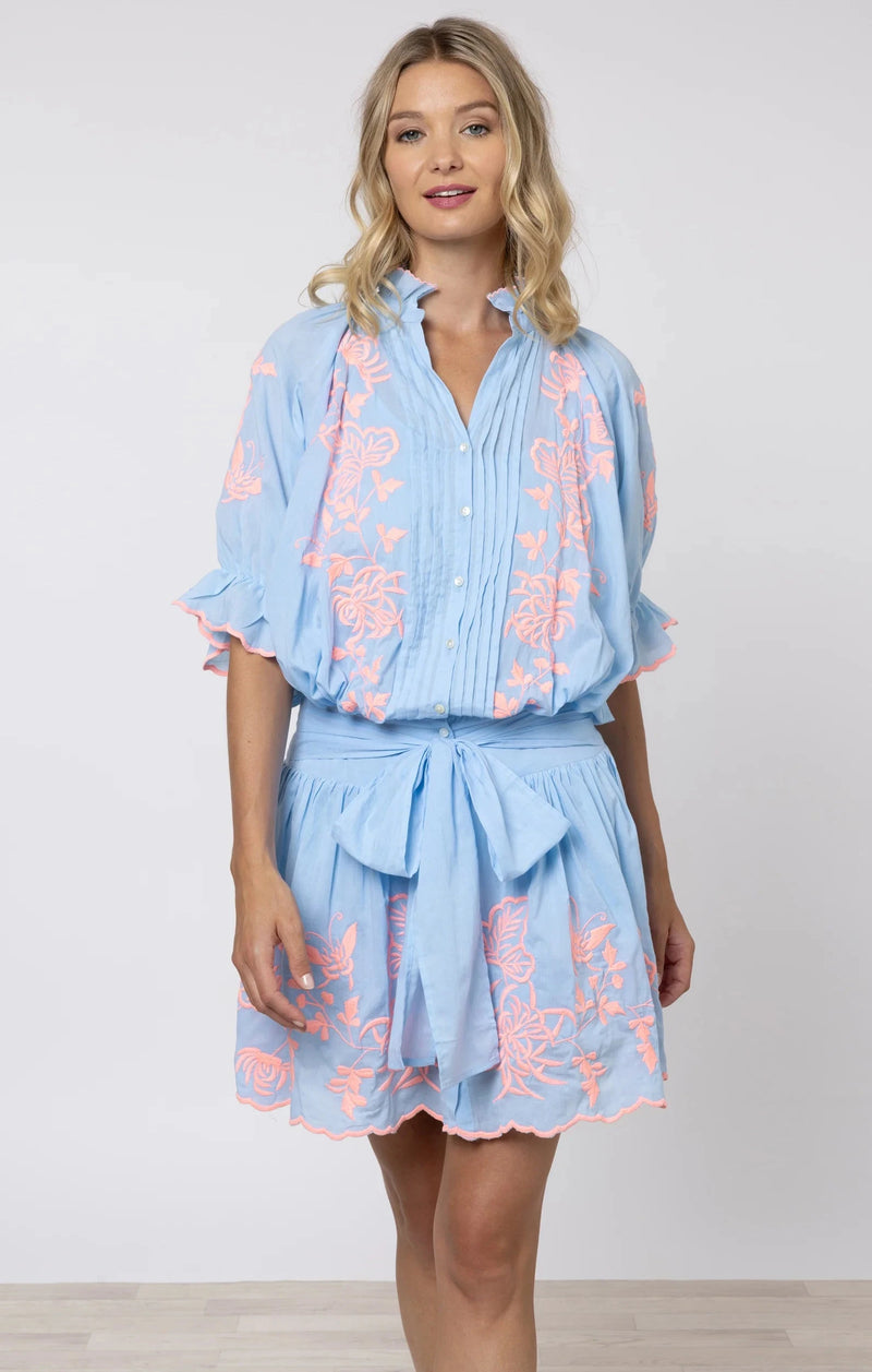Blouson Dress Butterfly Embroidery Blue/Neon Pink APOELLA Blouson Dress Butterfly Embroidery Blue/Neon Pink APOELLA