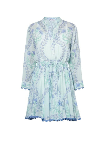 Long Sleeve Beach Dress Ginkgo Print & Ric Rac Aqua/Blue  APOELLA